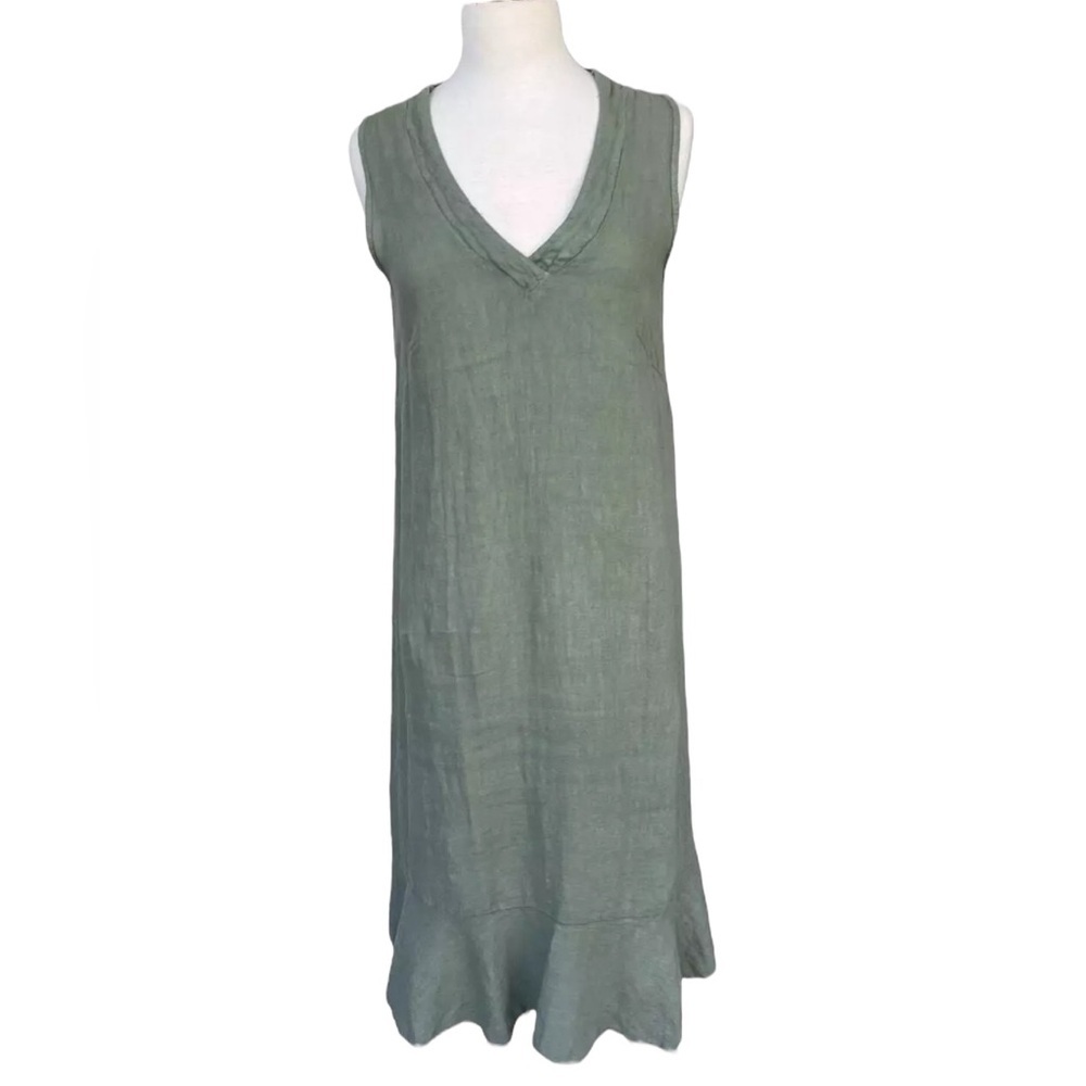Francesca Bettini Green Sleeveless V Neck 100% Linen Midi Dress Womens Size S